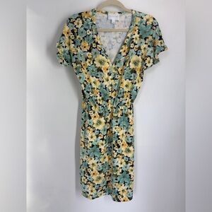 French Grey Dress Yellow/ Green Floral V Neck Tie Waist Short Sleeve- Med